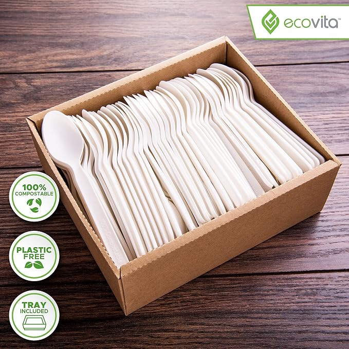 100% Compostable Spoons - 140 Large Disposable Utensils (6.3 in.) Eco Friendly Durable and Heat Resistant Alternative to Plastic Spoons with Convenient Tray