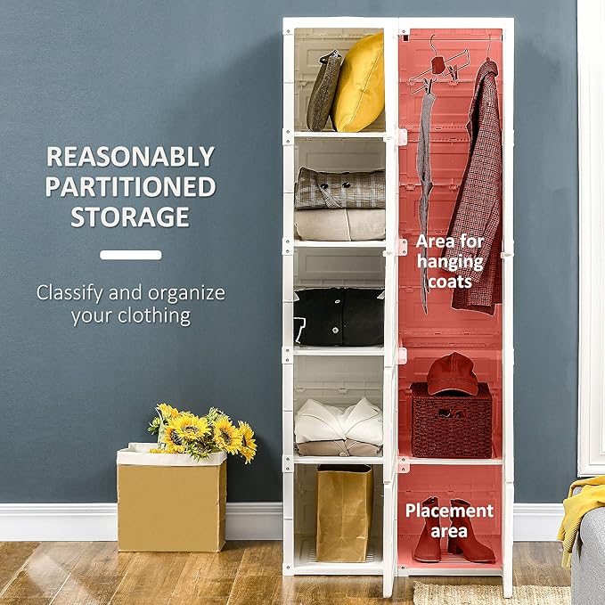 HOMCOM Portable Wardrobe Closet, Folding Clothes Storage Organizer with 6 Cube Compartments, Hanging Rod, 8 Magnet Doors, White