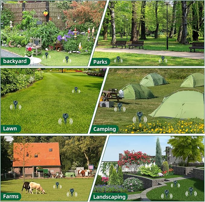 Mole Repellent Solar Powered, 4 Pack Snake Repellent for Yard, Waterproof Ultrasonic Deterrent Stakes, Get Rid for Rabbit, Gopher, Vole, Skunk, Chipmunk, Deer, Groundhog Sonic Spikes for Lawns Garden