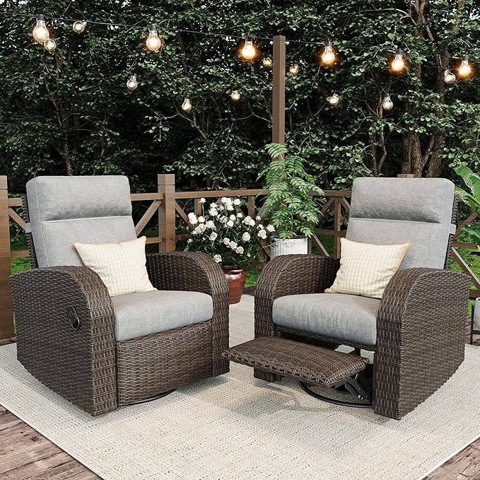 Outdoor Wicker Recliner Chair Set of 2 High Back Patio 360°Swivel Reclining Lounge Chair with 6-Inch Thick Cushion