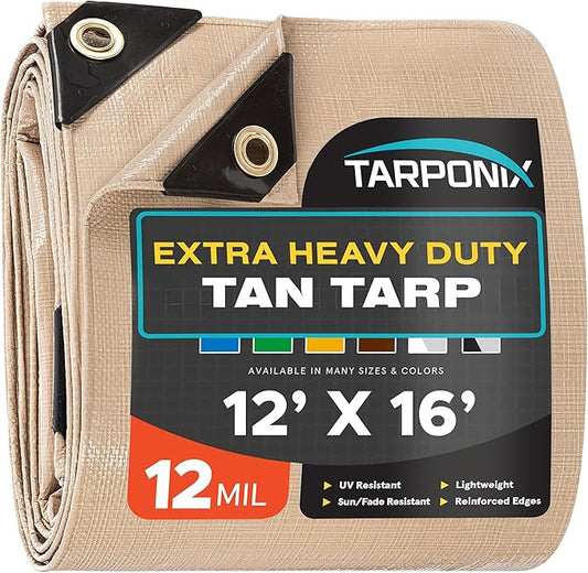 12' x 16' Extra Heavy-Duty Tan Poly Tarp – 12 Mil Thick, Waterproof, UV-Resistant Polyethylene with Reinforced Edges, Double-Stitched Hems, and Rustproof Grommets