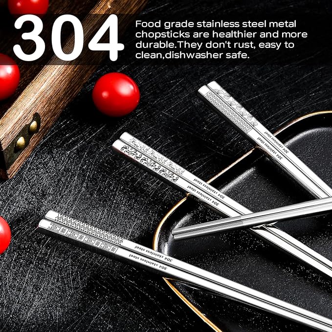 8 Pairs Metal Chopsticks Reusable 18/8 Stainless Steel Chopsticks Set Cute Laser Engraved Non-slip Japanese Korean Chinese Chopstick for Cooking Eating Dishwasher Safe 9.25" Chop Sticks Gift Set