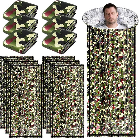 Preboun 20 Pcs Emergency Sleeping Bag Portable Lightweight Survival Bag Thermal Bivy Sack Waterproof Emergency Blanket Survival Gear for Outdoor Camping Hiking Homeless People Shelter (Camouflage)