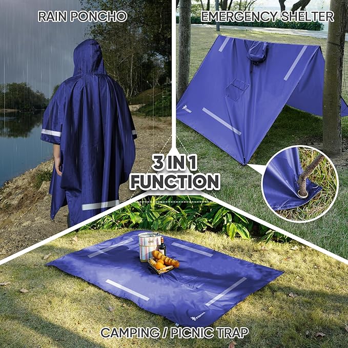PTEROMY Hooded Rain Poncho for Adult with Pocket, Waterproof Lightweight Unisex Raincoat for Hiking Camping Emergency