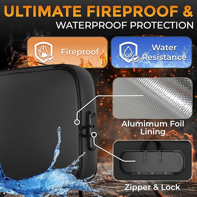 Fireproof Document Bag Waterproof Organizer Box With Lock 3 Layer File Storage Soft Case For Passport Ledger Papers Certificate Cash Files Important Documents Portable Secure Safe Home Travel Office