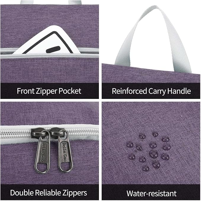 Della Gao Hanging Toiletry Bag for Women, Travel Toiletry Bags Makeup Bag Organizer, Water-resistant Cosmetic Bag for Essentials Accessories (Purple)
