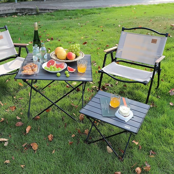 Portable Folding Camping Table, Small Compact Aluminum Beach Picnic Table, Lightweight Collapsible Outdoor Camp Tables That Folds & Rolls Up, Beach Gear Essentials Camp Accessories, Grey