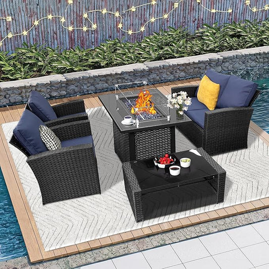 5 Piece Patio Furniture Set with 43" Propane Fire Pit Table, Outdoor Wicker Conversation Set, Rattan Modern Sectional Sofa Couch with Coffee Table for Backyard Porch Garden Poolside, Black-Blue