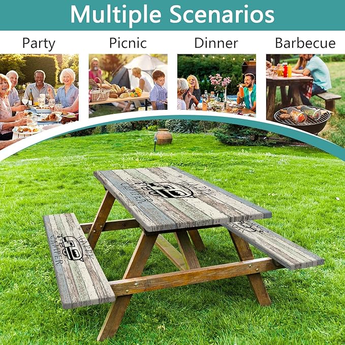 JAWO Picnic Table Covers with Bench Covers Camping Tablecloth 8FT for 8 Person Fitted Picnic Table Cover with Elastic Windproof Waterproof Fabric, Camping Accessories Patio & Outdoor, 3-PCS Set