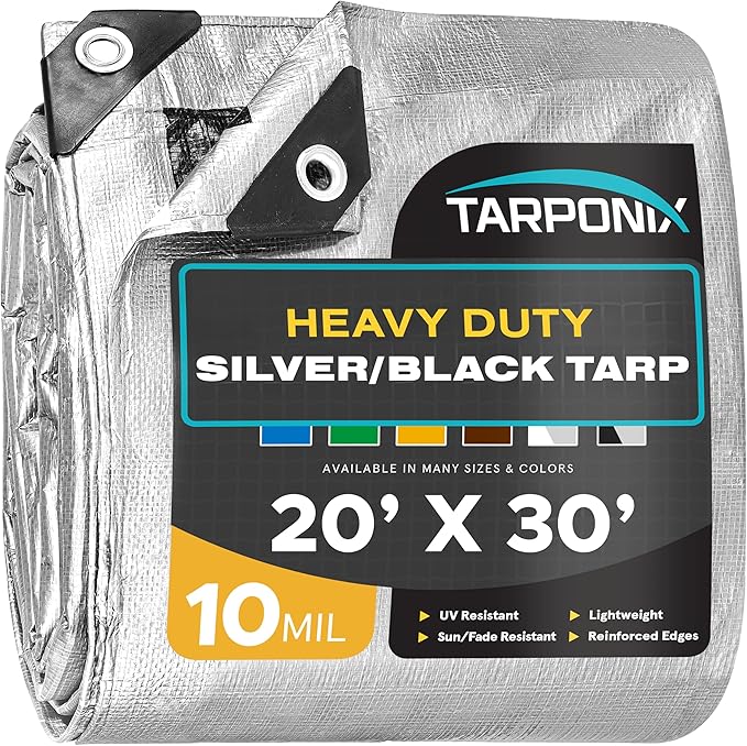 20' x 30' Dual-Sided Heavy-Duty Tarp – 10 Mil Tear-Resistant Silver & Black Cover with Reinforced Edges and Anti-Rust Grommets