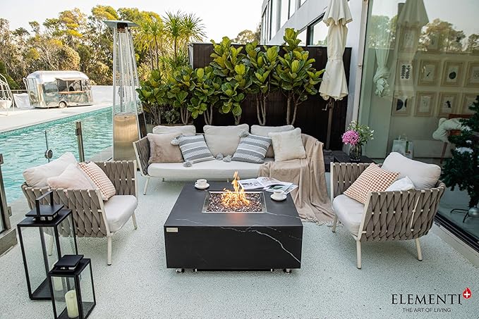 Elementi+ | Bundle Sofia Gas Fire Pit | Marble Porcelain & Metal Frame | 40" Square Fire Table | Electronic Ignition | Canvas Cover, Fire Glass & Burner Lid Included | Black | Propane Gas