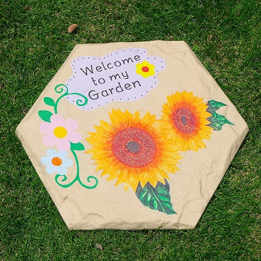 4Pcs Hexagon Sunflower Stepping Stone Outdoor Garden Walkway, Durable Plastic Pavers for Patio, Pathway, and Landscaping, Weatherproof Stepping Stone with Ground Stakes for Easy Installation