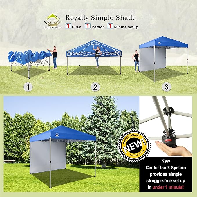 CROWN SHADES 8x8 Pop Up Canopy with 1 Side Wall - Beach Tent with One Push Setup - Outdoor Sun Shade for Events, Parties, Camping - Gazebo with STO-N-Go Cover Bag (Blue)