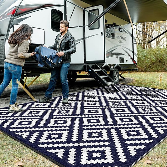 GENIMO Outdoor Rug for Patio Clearance, 10'x14' Waterproof Large Camping Mat, Reversible Plastic Straw Rugs for RV, Camper, Balcony, Backyard, Picnic, Deck (Navy Blue & White)