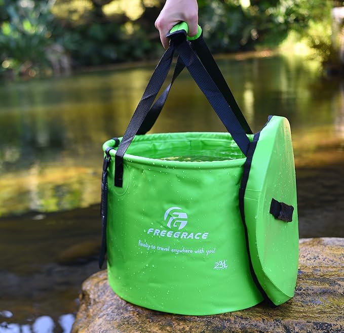 Premium Collapsible Bucket by Freegrace - Compact Portable Folding Water Container - Lightweight & Durable - Includes Handy Tool Mesh Pocket
