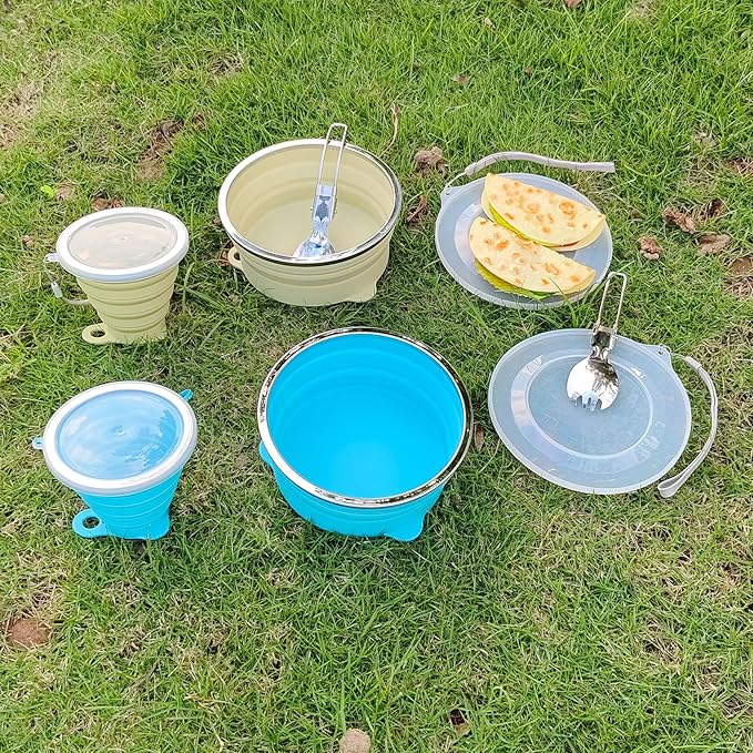 Mess Kit for Camping Silicone Collapsible Bowl Collapsible Cup and Stainless Steel Spoon for Backpacking Outdoor Hiking Traveling and Picnic - 2 Pack