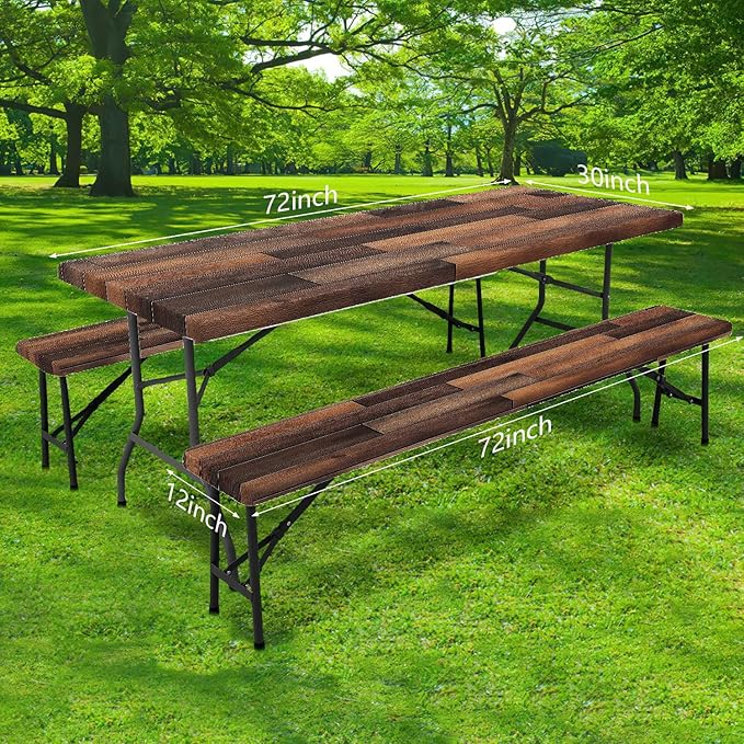 Picnic Table Cover with Bench Covers Elastic Edges, Farmhouse Brown Wooden Fitted Outdoor Patio Camping Essentials, Waterproof Camping Fitted Tablecloth, Drawstring Bag, 72in, Brown