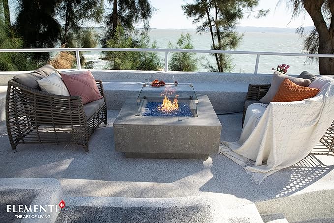Elementi+ | Bundle Victoria Gas Fire Pit Cast Concrete 40" Square Fire Table, Outdoor Fire Pit Electronic Ignition | Canvas Cover, Fire Glass and Burner Lid Included | Light Gray | Natural Gas