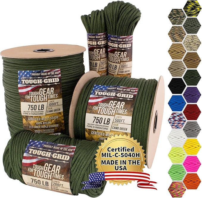 TOUGH-GRID Paracord Rope 750 lbs Nylon Parachute Cord, Made in USA Survival Kit, Outdoor Adventures, Camping, Tactical Gear & Emergency Supplies, Military Type IV Mil-Spec