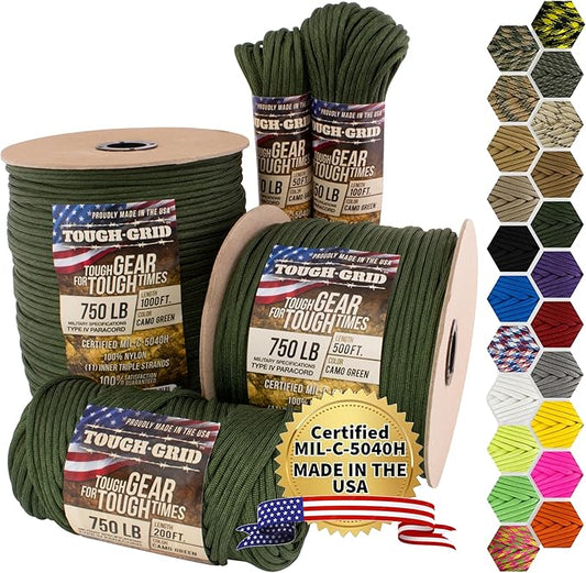 TOUGH-GRID Paracord Rope 750 lbs Nylon Parachute Cord, Made in USA Survival Kit, Outdoor Adventures, Camping, Tactical Gear & Emergency Supplies, Military Type IV Mil-Spec