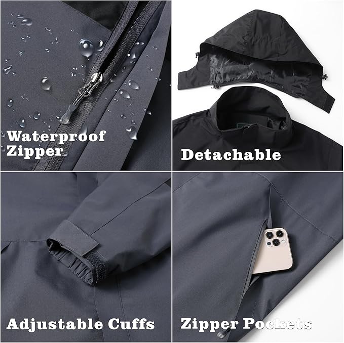 GIISAM Rain Jacket for Men, Mens Waterproof Raincoat Lightweight Rain Jackets Outdoor Rain Coat Windbreaker with Hood