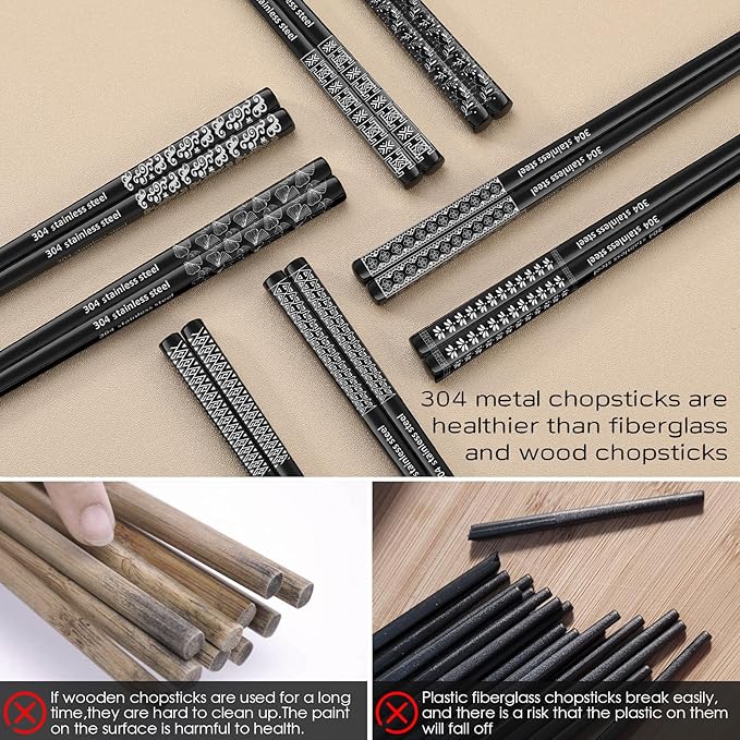 8 Pairs Metal Chopsticks Reusable Black Stainless Steel Chopsticks Set Laser Engraved Non-slip Japanese Korean Chinese Chopstick for Cooking Eating Dishwasher Safe 9.25" Chop Sticks Gift Set