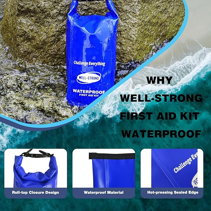 Waterproof First Aid Kit Roll Top Boat Emergency Kit with Waterproof Contents for Fishing Kayaking Boating Swimming Camping Rafting Beach Blue