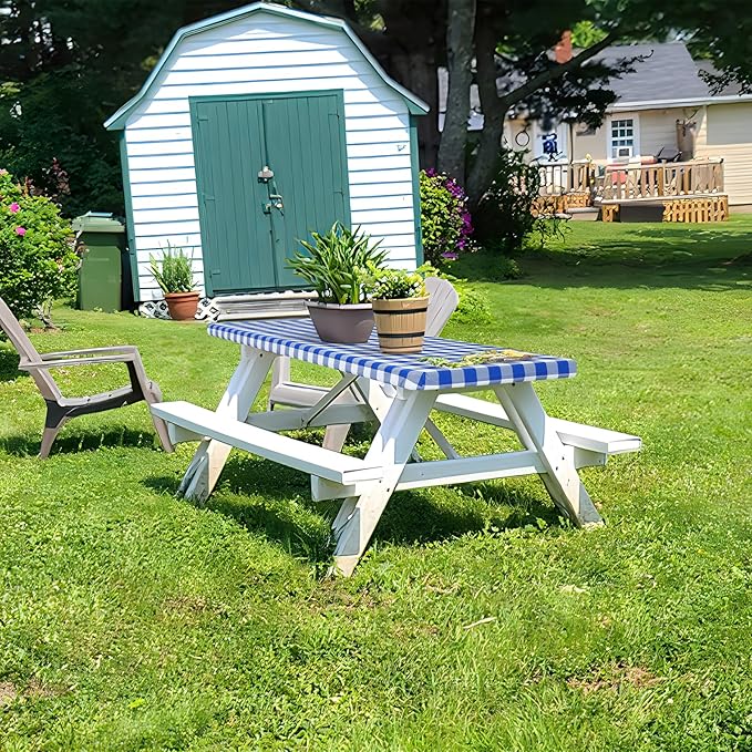 misaya Buffalo Rectangle Picnic Tablecloth, 4 Foot Elastic Fitted Vinyl Table Cloth with Flannel Backing, Waterproof Plaid Table Covers for Dining, Camping, Outdoor (Blue and White, 24" x 48")