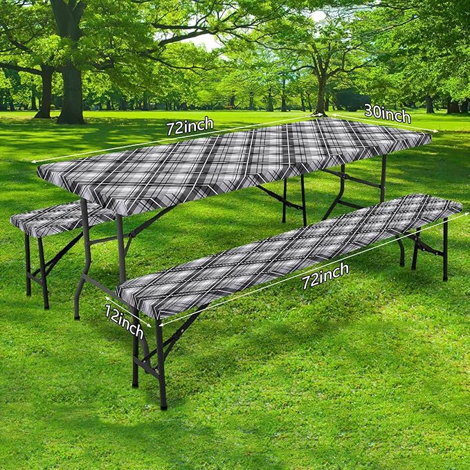 DYNH 3 Pcs Picnic Table Cover with Bench Covers, 8ft Waterproof Reusable Elastic Fitted Rectangle Picnic Table Cloths,30x96IN Black Plaid Picnic Tablecloth for Camping Patio Travel Outdoor