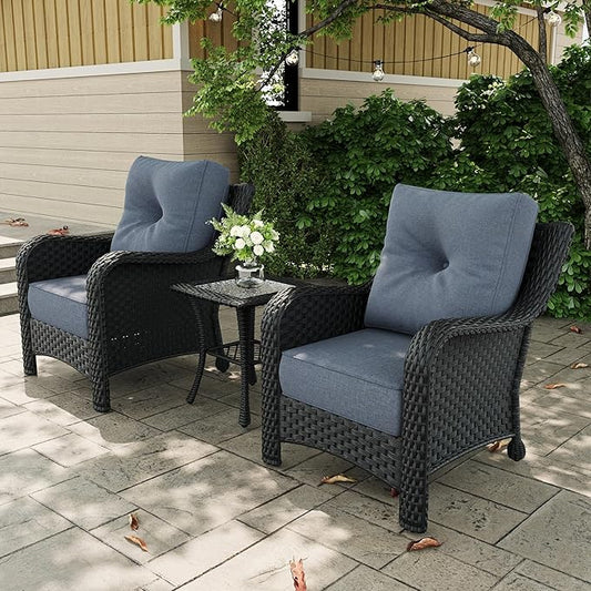 3 Pieces Outdoor Patio Furniture Sets with Single Chairs with 6-inch Thick Cushion and Side Table for Deck Lawn