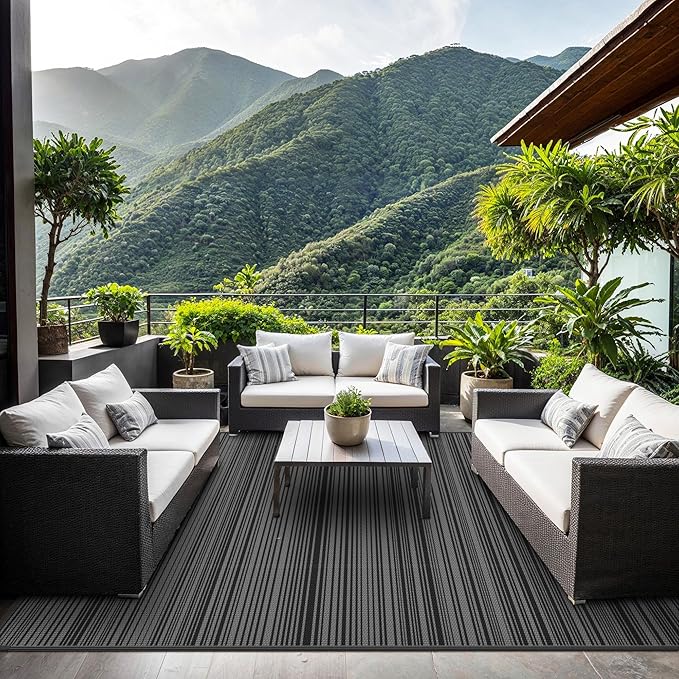 GENIMO Outdoor Rug for Patio Clearance, 8'x10' Waterproof Camping Mat, Reversible Plastic Straw Rugs for RV, Camper, Balcony, Backyard, Picnic, Deck (Black&Grey)