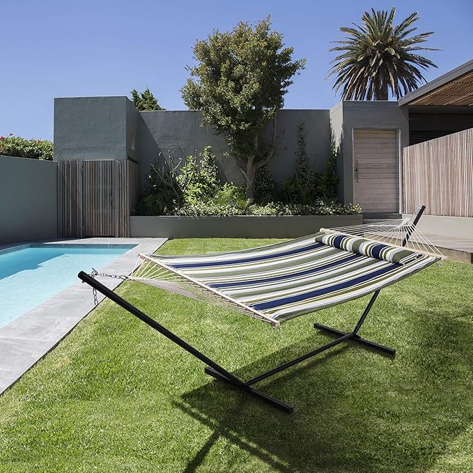 SUNCREAT Double Hammock, Extra Large Quilted Fabric Swing with Hardwood Spreader Bars & Detachable Pillow, Heavy Duty, Perfect for Indoor/Outdoor Patio, Deck, Yard, Blue&Aqua