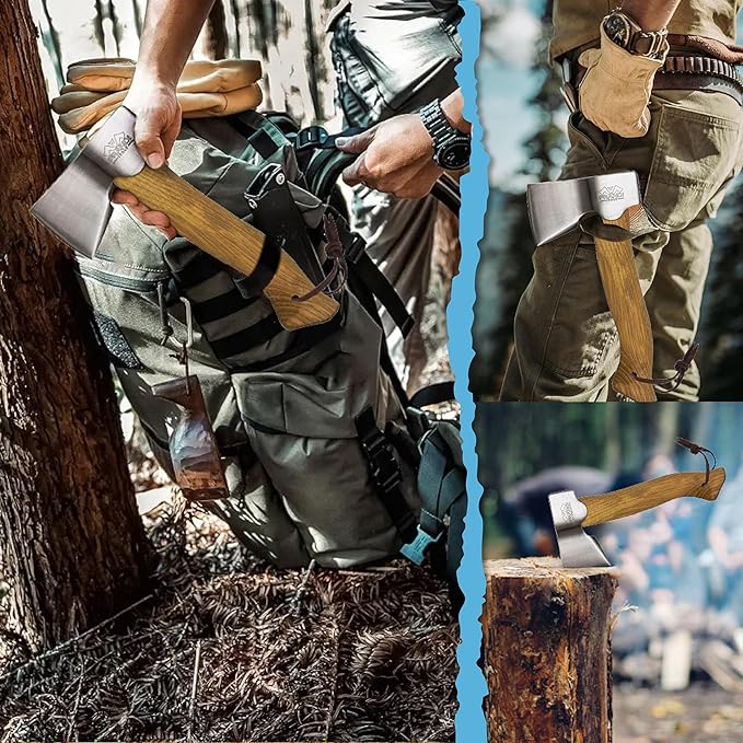 Prandi Axes Segurin C45 Forged Carbon Steel Hatchet - Hickory Handle with Leather String - Ideal for Camping, Travel and Bushcraft - S/N 3.059.04.CH - 11" L x 5.3" W, 400g Polished Head, No Sheath