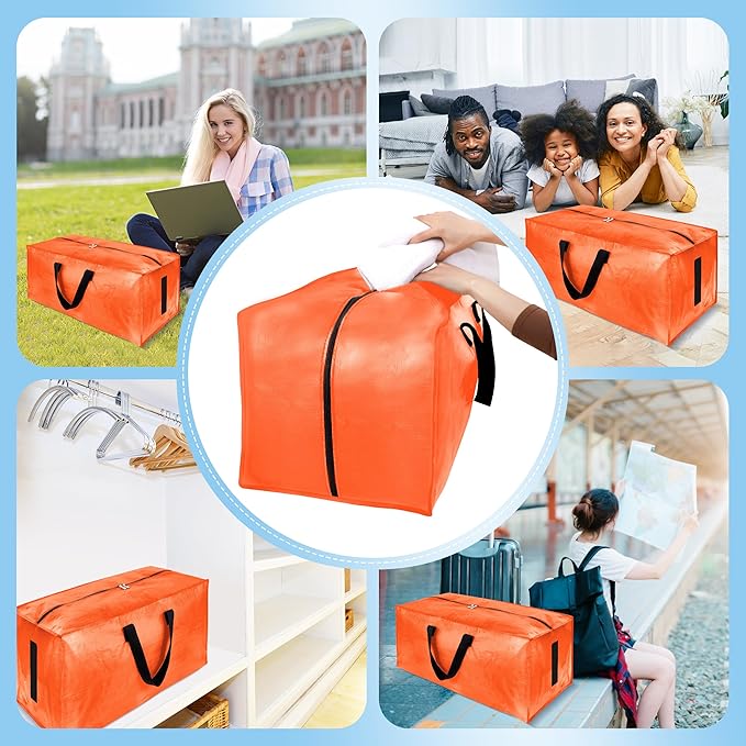 12 Pack Large Strong Moving Bags with Zippers & Carrying Handles - Water-Resistant - Heavy Duty Storage Tote for Space Saving, Fold Flat, Alternative to Moving Box (Orange)