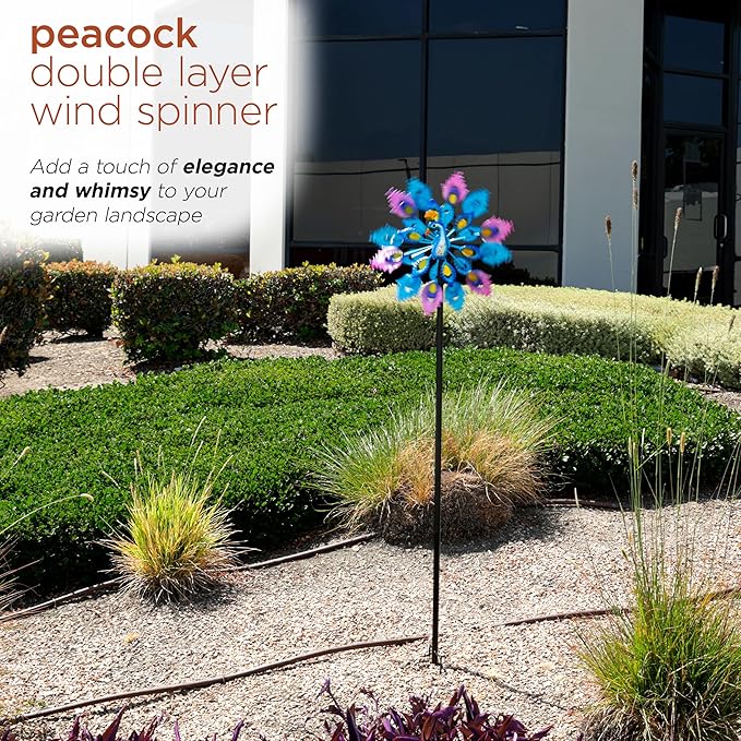 Alpine Corporation SLL2430 Double Layer Peacock Kinetic Wind Spinner Garden Stake, Colorful Statement Garden Décor, 55" H