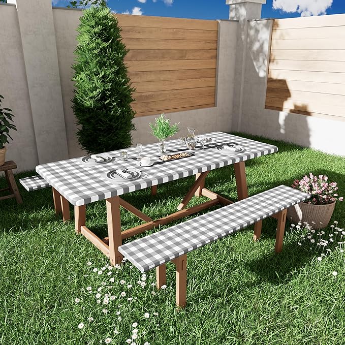 Smiry Picnic Table Cover with Bench Covers, Waterproof Elastic Fitted Tablecloths for 8 Foot Rectangle Tables, Washable Buffalo Plaid Tablecloth for Camping, Outdoor (Grey & White, 30"x96")