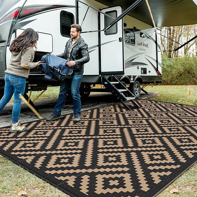 GENIMO Outdoor Rug for Patio Clearance, 10'x14' Waterproof Large Camping Mat, Reversible Plastic Straw Rugs for RV, Camper, Balcony, Backyard, Picnic, Deck (Black & Brown)