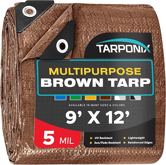Brown Poly Tarp 9’ x 12’ – Lightweight 5 Mil Waterproof Cover – Durable, Weatherproof, Multipurpose Protection for Camping, Roofing, Construction