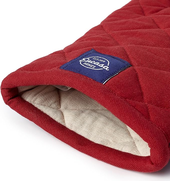 Encasa XO Heat Resistant Cotton Oven Gloves Mitts (2 Pc Set) - Quilted & Safe 12x7 in - for Kitchen, Cooking & Baking, Grilling, Handling Hot Pots & Pans - Red