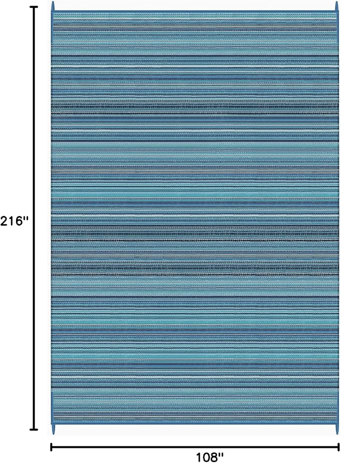 FH Home Outdoor Camping Rug - Waterproof, Fade Resistant, Reversible - Premium Recycled Plastic - Striped - Large Patio, Deck, Sunroom, RV - Havana - Turquoise - 9 x 18 ft Foldable