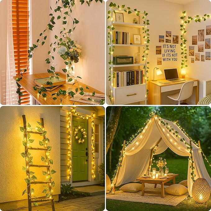 YOUNGAR Vine with Fairy Lights Battery/USB Operated,23ft 73 LED Pothos String Lights with Memory and Timer,Leaf Lights for Bedroom, Room, Garden, Party, Wedding,Wall Decor (Warm White)