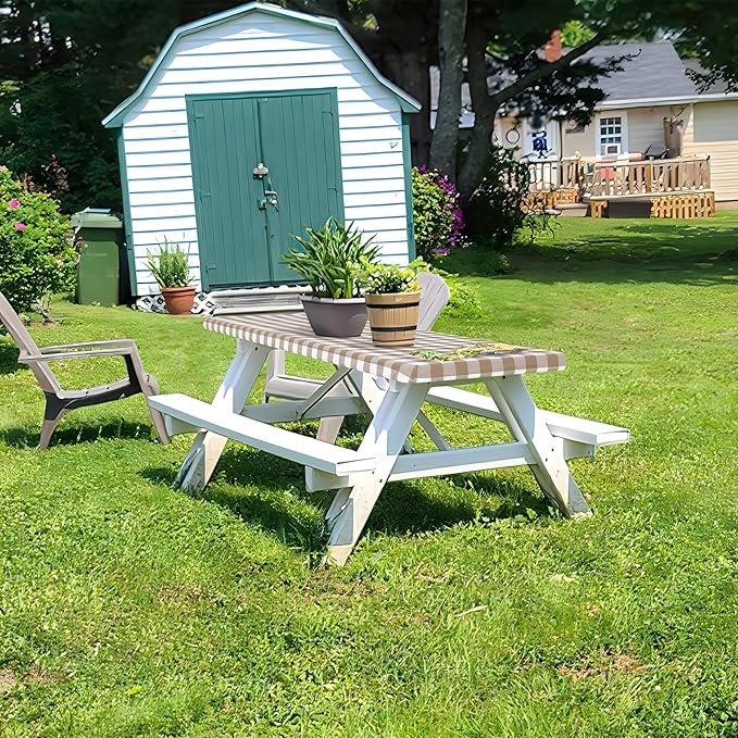 misaya Buffalo Rectangle Picnic Tablecloth, 4 Foot Elastic Fitted Vinyl Table Cloth with Flannel Backing, Waterproof Plaid Table Covers for Dining, Camping, Outdoor (Khaki and White, 24" x 48")