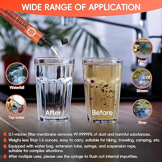 Water Filter Straw, Personal Water Filtration System, Water Purifier, Outdoor Emergency Survival Gear and Equipment for Hiking Camping Accessories Travel Fishing Emergency Preparedness (4PCS)
