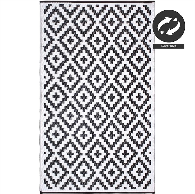 FH Home Outdoor Camping Rug - Waterproof, Fade Resistant, Reversible - Premium Recycled Plastic - Geometric - Picnic, Patio, Deck, Sunroom, RV - Aztec - Black & White - 4 x 6 ft Foldable