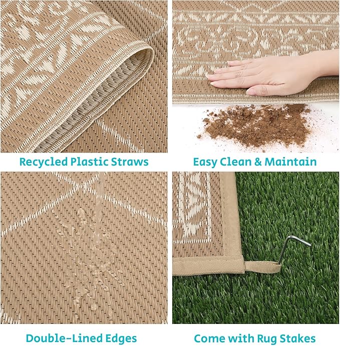 HEBE Outdoor Rug Waterproof 8x10, Reversible Plastic Straw Rug RV Camping Rug, Indoor Outdoor Patio Mat Clearance, Outside Carpet for Porch,Deck,Camper,Balcony,Backyard,Picnic