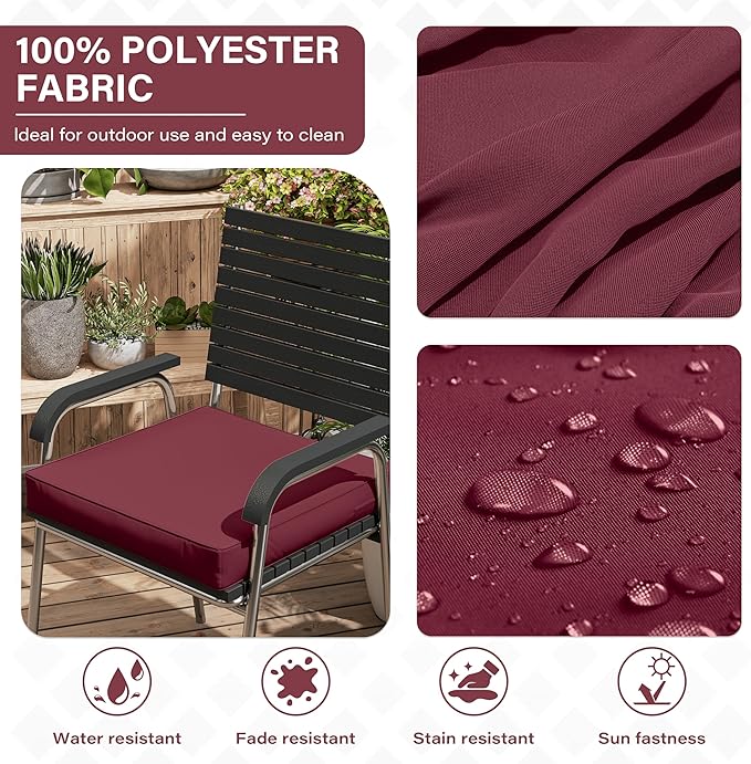 Patio Chair Cushions 17 X 16 X 3 Inch Waterproof Outdoor Seat Cushions for Patio Furniture, Outdoor Sofa Couch Pads with Ties & Handle, Set of 2, Burgundy