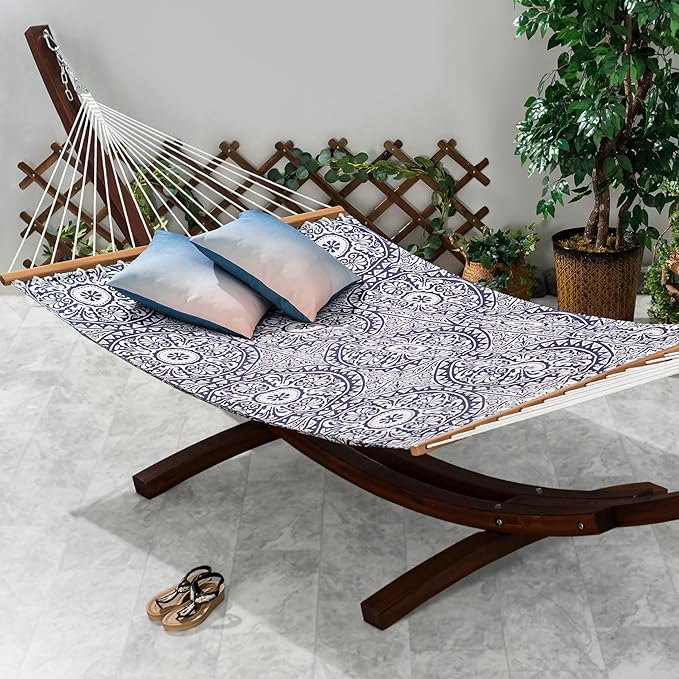 Fab Habitat Farmhouse Recycled Polyester Hammock - Spanish Tile - Blue - Indoor/Outdoor, Quick Dry, 2 Person 460 lbs Capacity - Patio, Poolside, Backyard, Garden, Beach, Balcony - 12-14 ft Adjustable