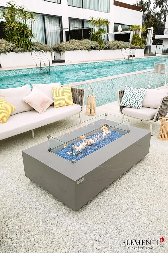 Elementi+ | Meteora Gas Fire Pit Cast Concrete 56" Rectangular Fire Table, Outdoor Fire Pit Electronic Ignition | Canvas Cover, Fire Glass and Burner Lid Included | Light Gray | Propane Gas