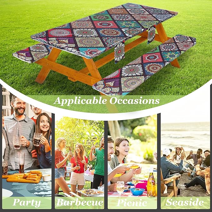 Fitted Picnic Table Cover with Bench Covers Waterproof Elastic Edges Rectangle Patio Tablecloth Outdoor Camping Essentials Stuff Rv Accessories Summer Trip Travel Camper Gifts for Woman Men, 72in 6 ft