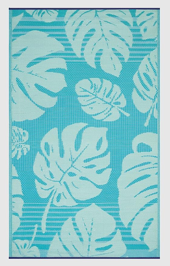 FH Home Outdoor Rug - Waterproof, Fade Resistant, Reversible - Premium Recycled Plastic - Tropical, Botanical - Patio, Deck, Porch, Balcony - Hana Leaves - Blue Crease Free - 5 x 8 ft